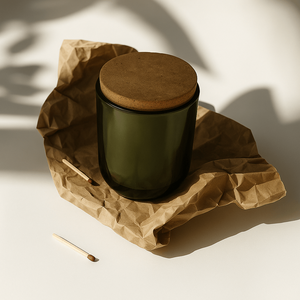 Elegant green candle in a jar with wooden lid on crumpled paper, symbolizing self-care and relaxation.